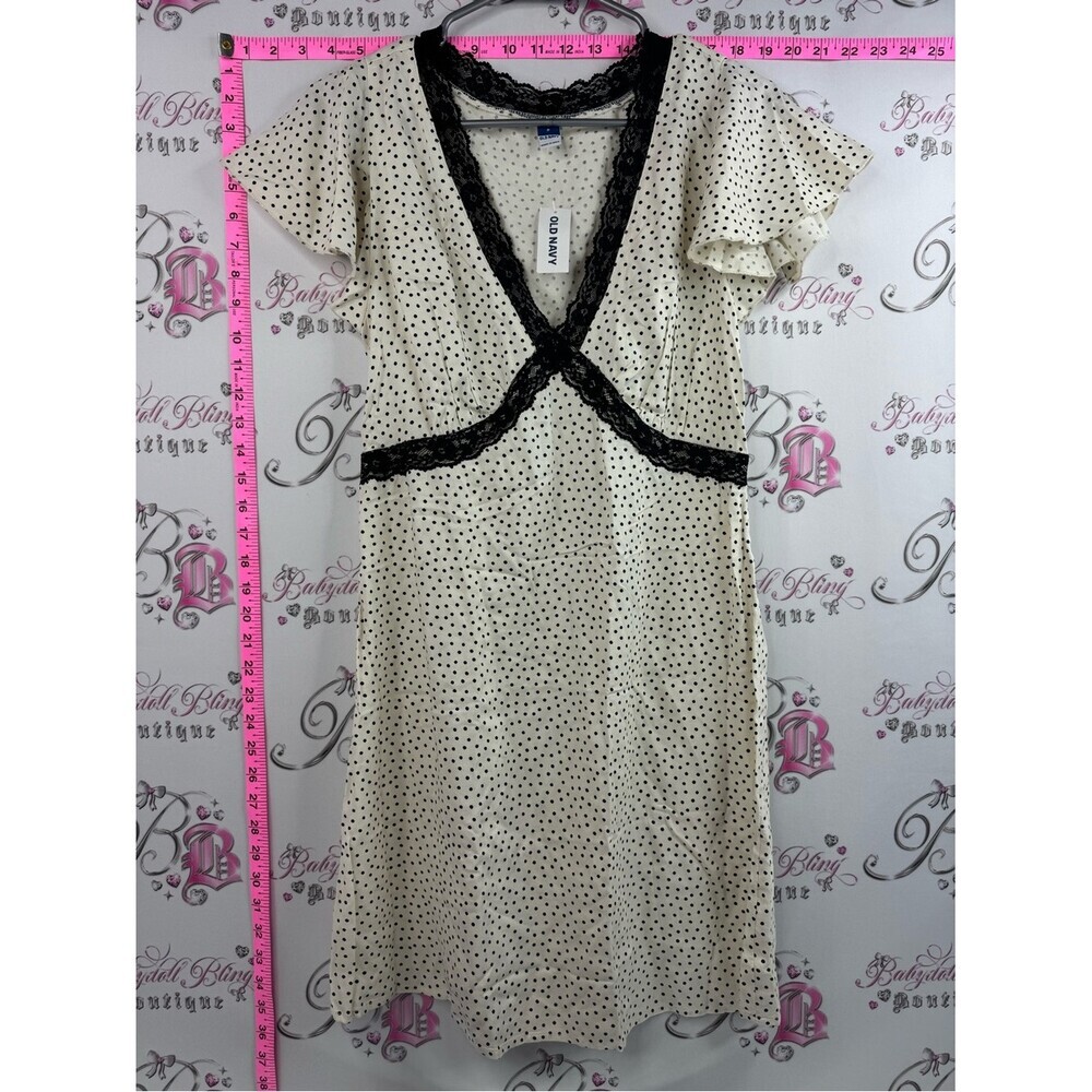 Old Navy dress lace details Cream Polka Dot Lace-Trim Midi Dress shiny ruffle
